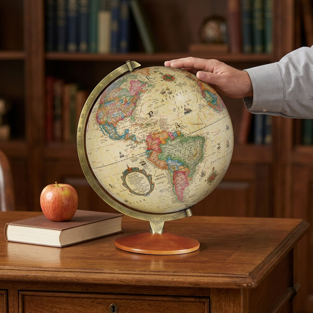 Replogle Globes Odessa 12" Antique Ocean Desk Globe, illuminated, with brass finish cradle on wooden base.