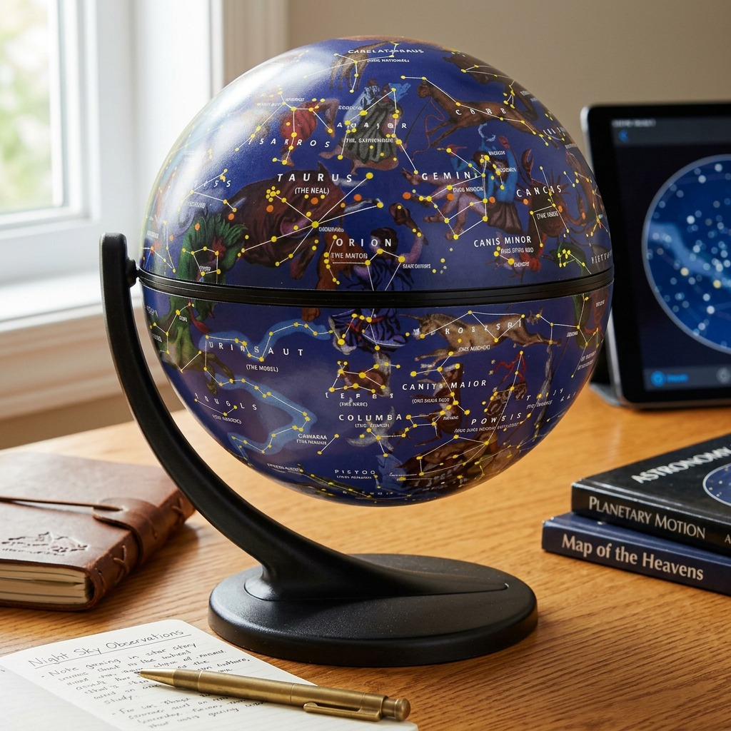 A photorealistic image of the small celestial globe on a wood desk with a journal and pen.