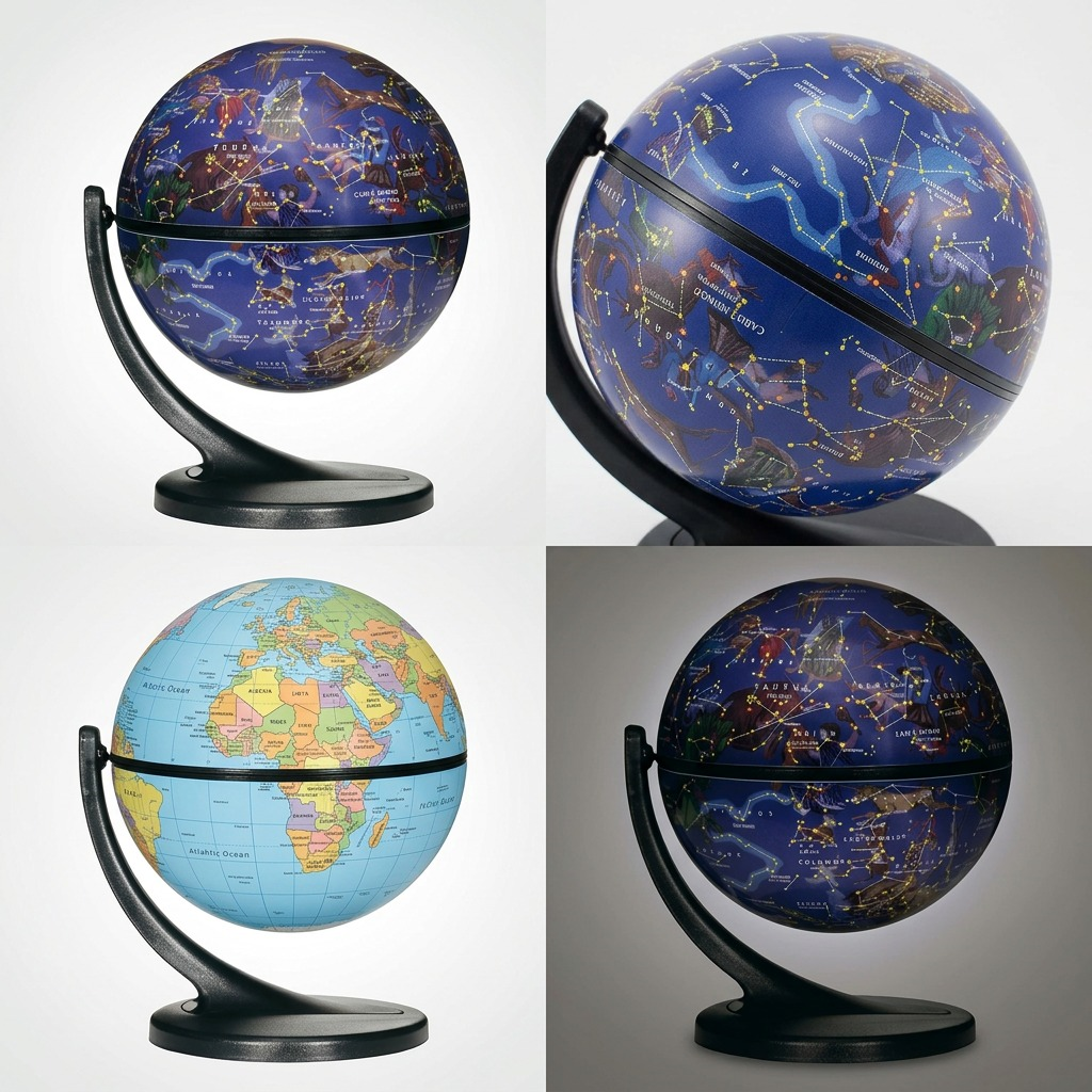 A premium 2x2 grid showing the celestial globe compared with terrestrial, illuminated, and alternative views.