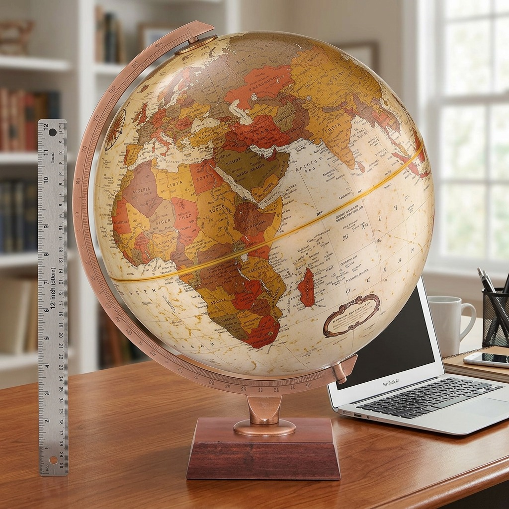 High-resolution centered photo of the Replogle Northwoods bronze metallic ocean desk globe on a wooden base.