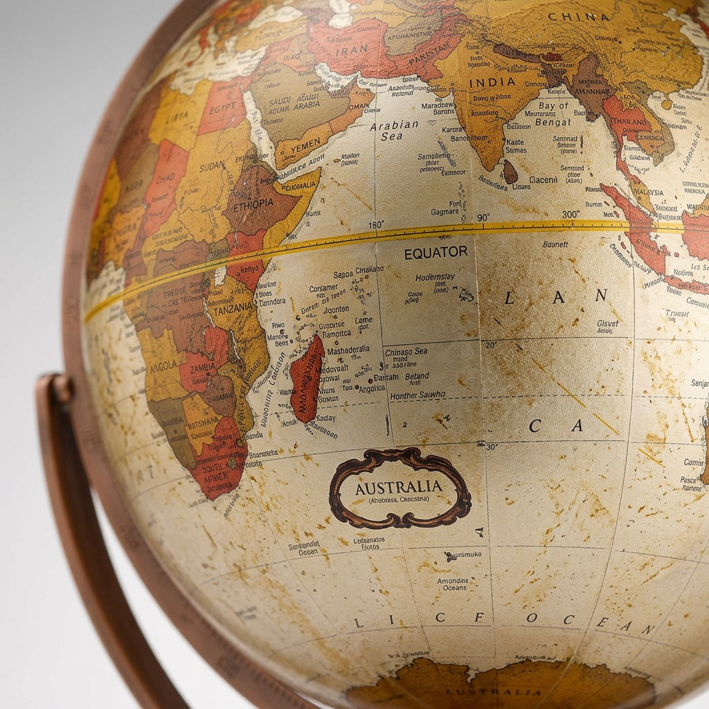 Macro detail of the Replogle Northwoods globe's precise map print and weathered bronze metallic surface.