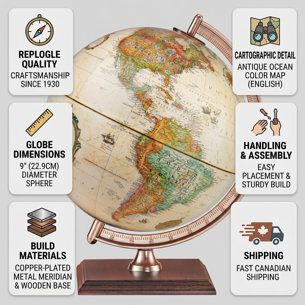 Replogle Forester – Globe de bureau 9 po antique EN — Infographie présentant les caractéristiques