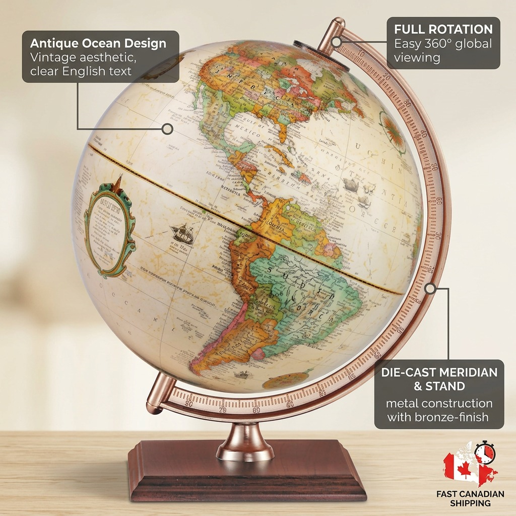 Replogle Forester – Globe de bureau 9 po antique EN — Infographie présentant les caractéristiques