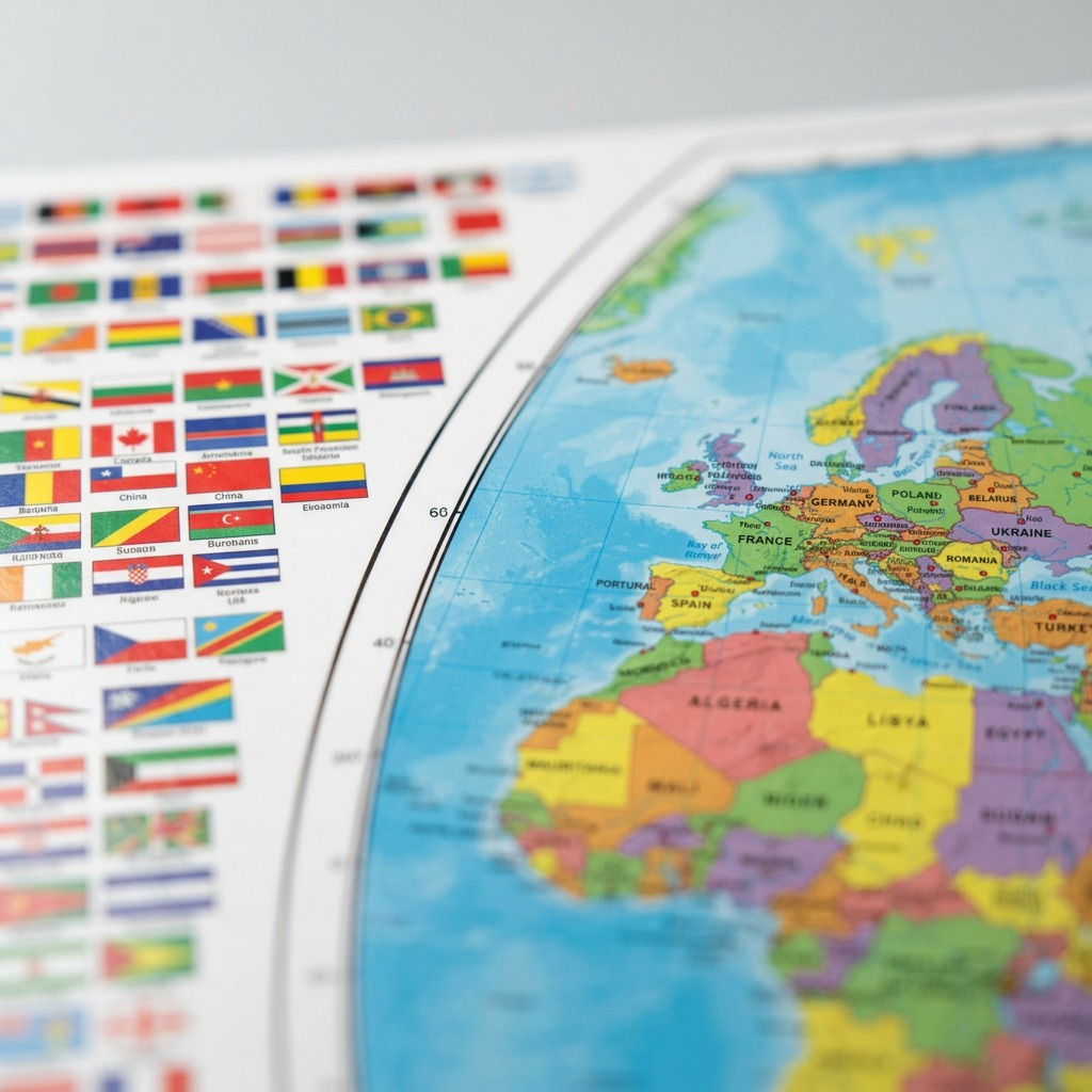 A close-up photograph showcasing the detailed geographic print and individual flag panels of the world map display.