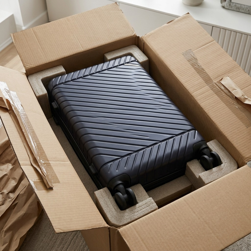 Bugatti Oslo 24-inch navy blue hardside spinner luggage with textured diagonal ridges and handle.