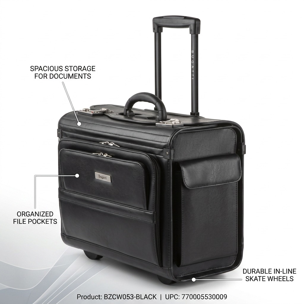 Bugatti Warren black leather rolling business case with retractable handle and dual combo locks.