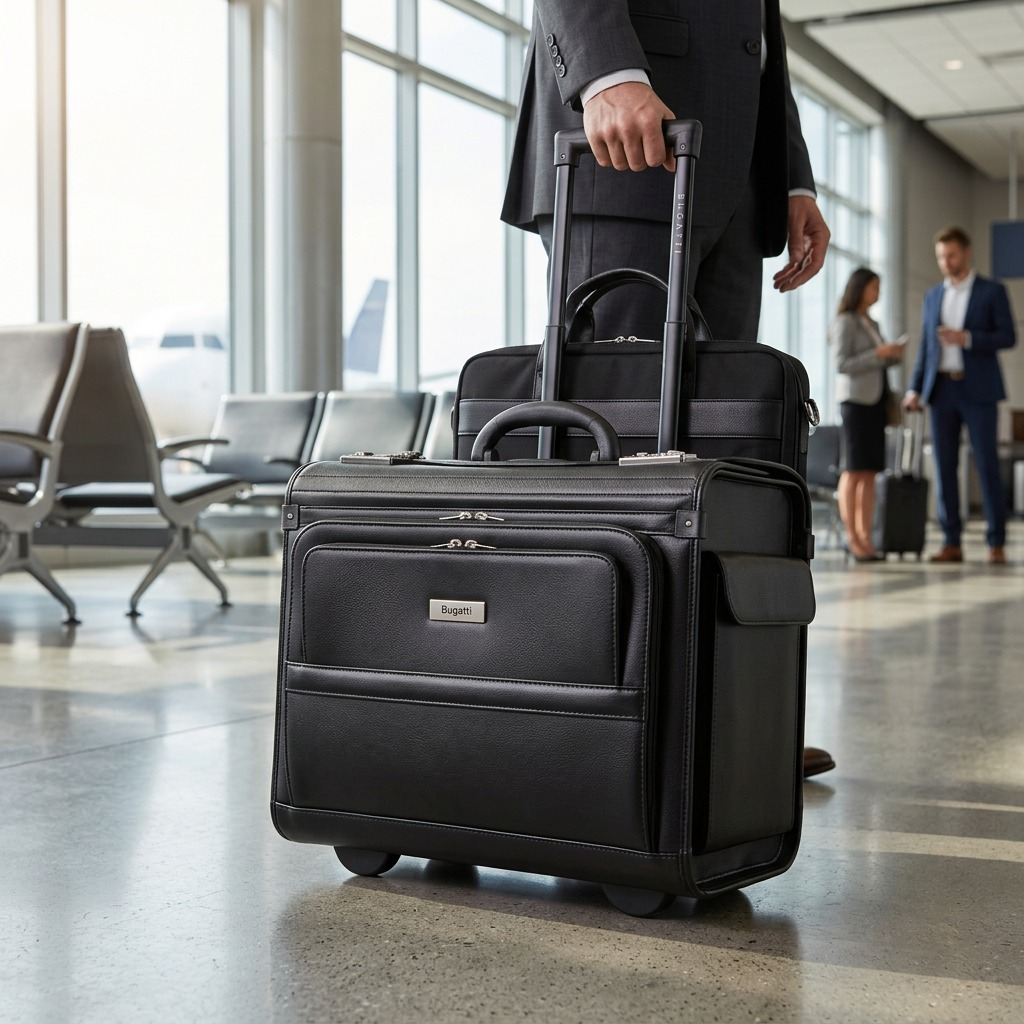 Personne en complet tirant une mallette d’affaires à roulettes noire Bugatti Warren dans un aéroport