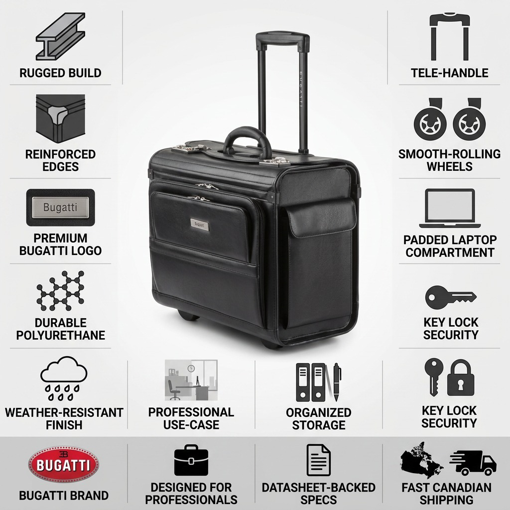 Visuel illustrant les caractéristiques de Bugatti Warren – Mallette d’affaires à roulettes pour portable 15,6 po, noire – photo 7