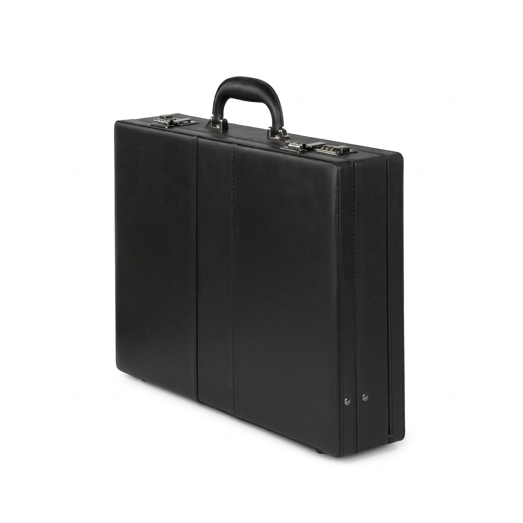 Bugatti Jeffrey 15.6 inch attaché case in black vegan leather with dual combination locks.