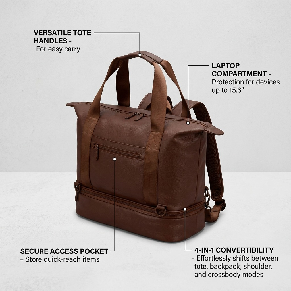 Visuel illustrant les caractéristiques de Bugatti Raphael – Sac convertible 4-en-1 en polyester recyclé, brun – photo 8