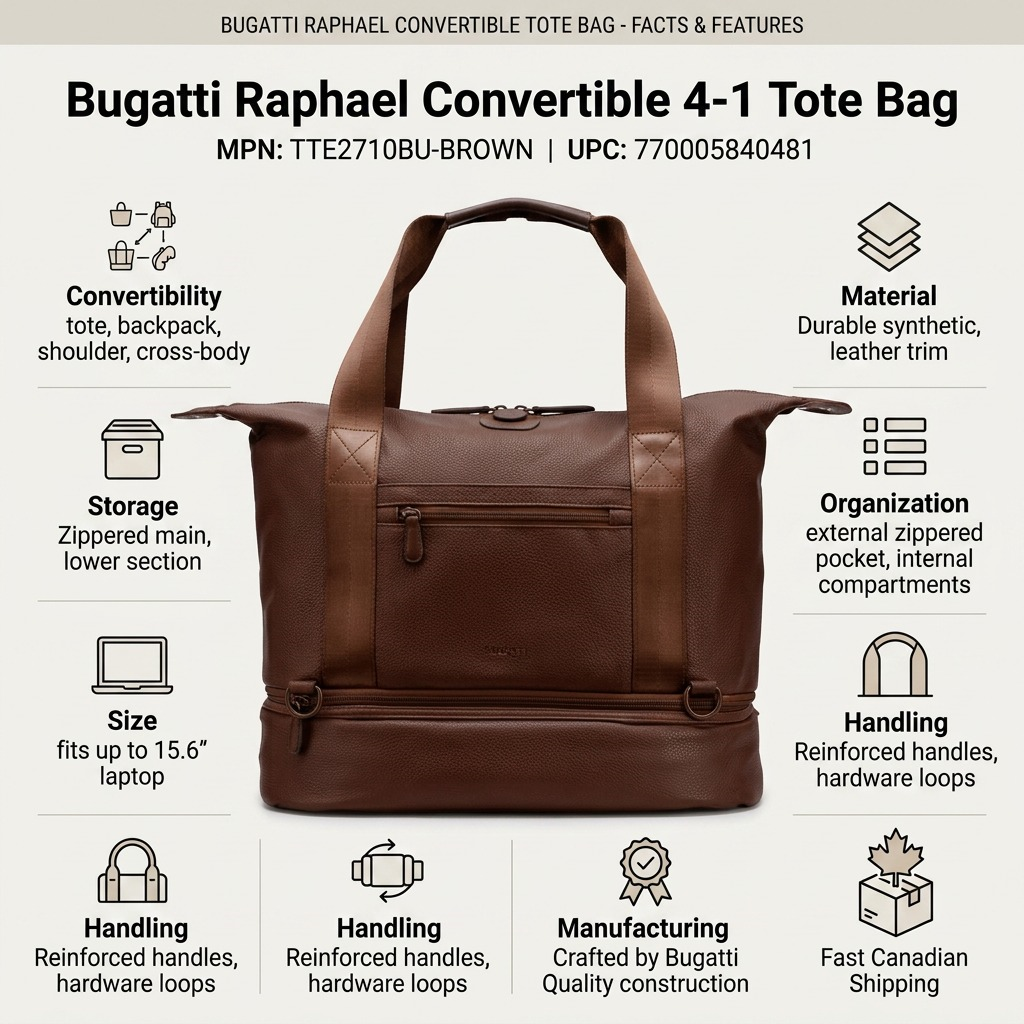 Visuel illustrant les caractéristiques de Bugatti Raphael – Sac convertible 4-en-1 en polyester recyclé, brun – photo 3