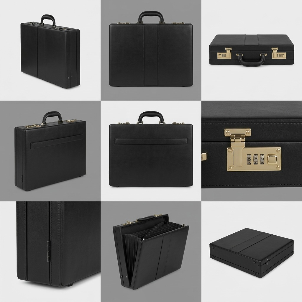 Bugatti Jeffrey 15.6 inch attaché case in black vegan leather with dual combination locks.