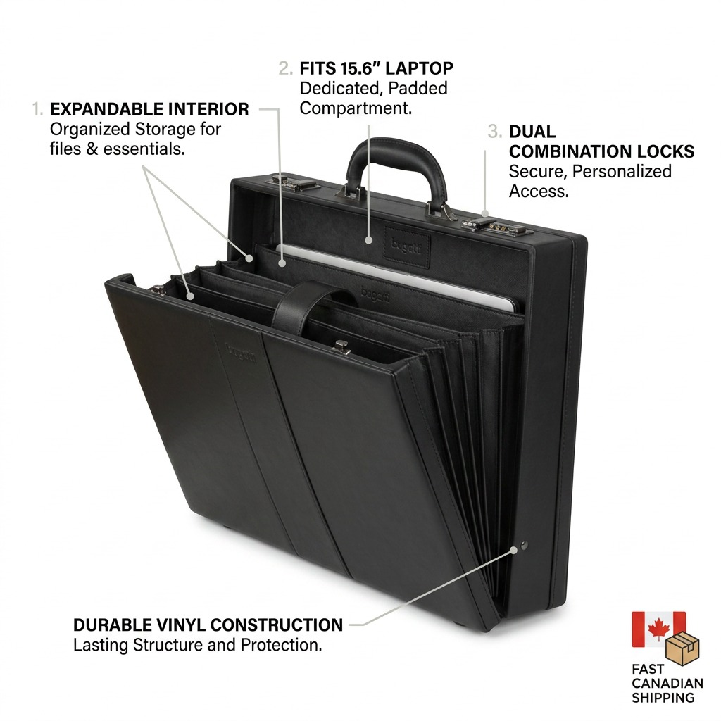 Visuel illustrant les caractéristiques de Bugatti Jeffrey – Mallette attaché pour portable 15,6 po, noire – photo 4