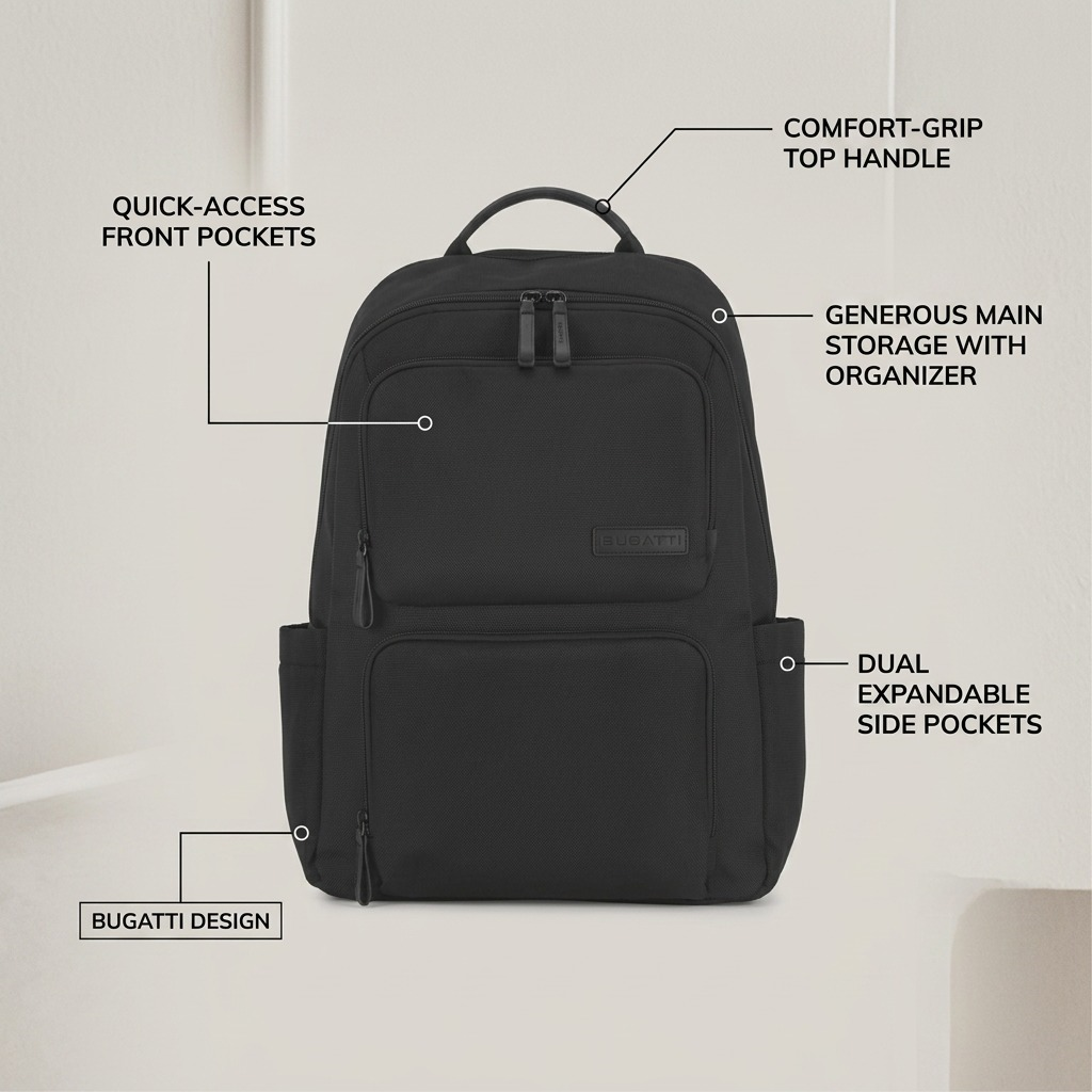 Front view of the Bugatti Madison black luxury 15.6 inch laptop backpack on a white background.