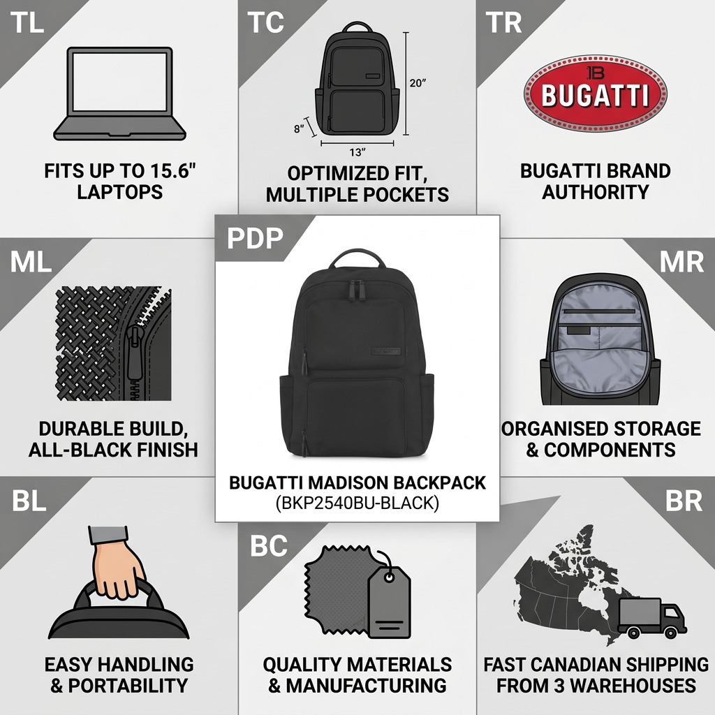 Emballage et présentation de Bugatti Madison – Sac à dos pour portable 15,6 po en nylon, noir – photo 4