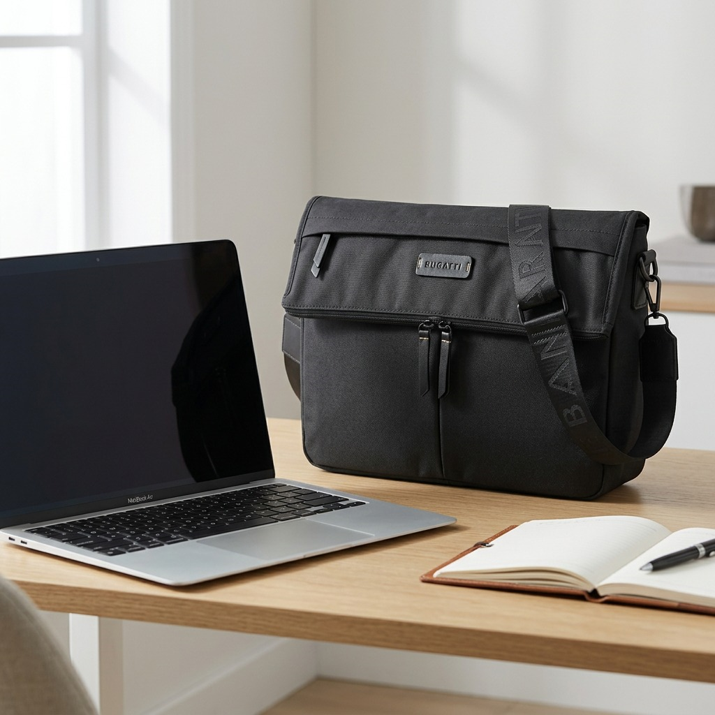 Bugatti Reborn black crossbody bag with adjustable shoulder strap and recycled rPET fabric.
