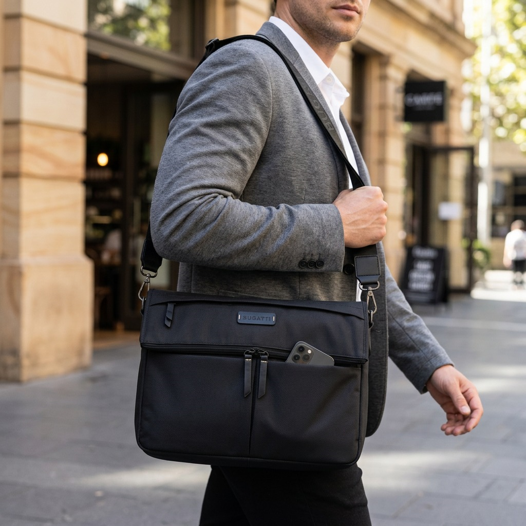 Vue de taille comparative de Bugatti Reborn – Sac à bandoulière en polyester recyclé, noir – photo 4