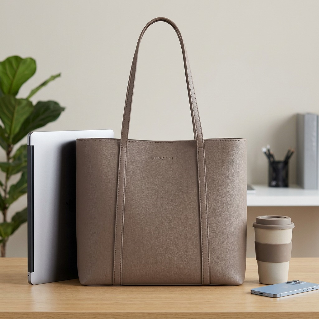 A high-resolution, centered view of the Bugatti Pure Business tote bag in pink leather against a pure white background.