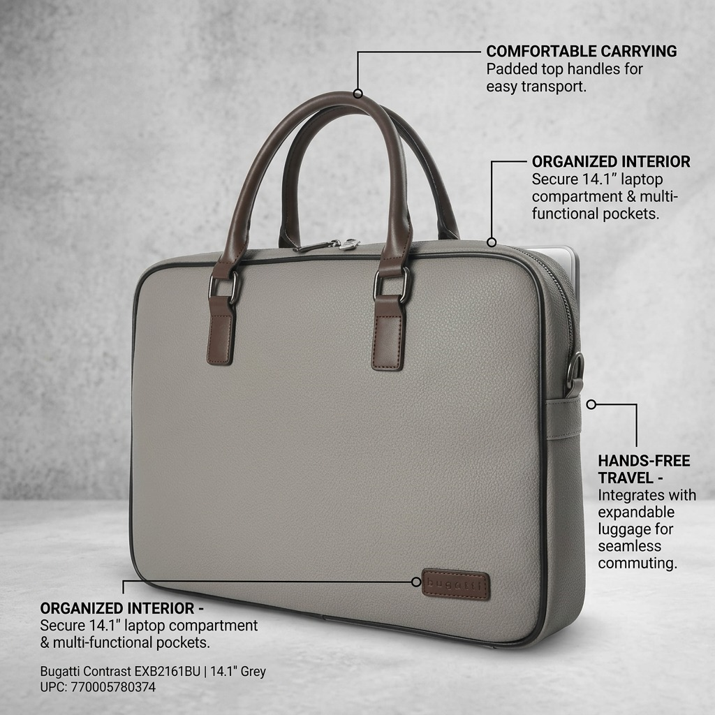 Visuel illustrant les caractéristiques de Bugatti Contrast – Porte-documents mince pour portable 14,1 po, gris – photo 5