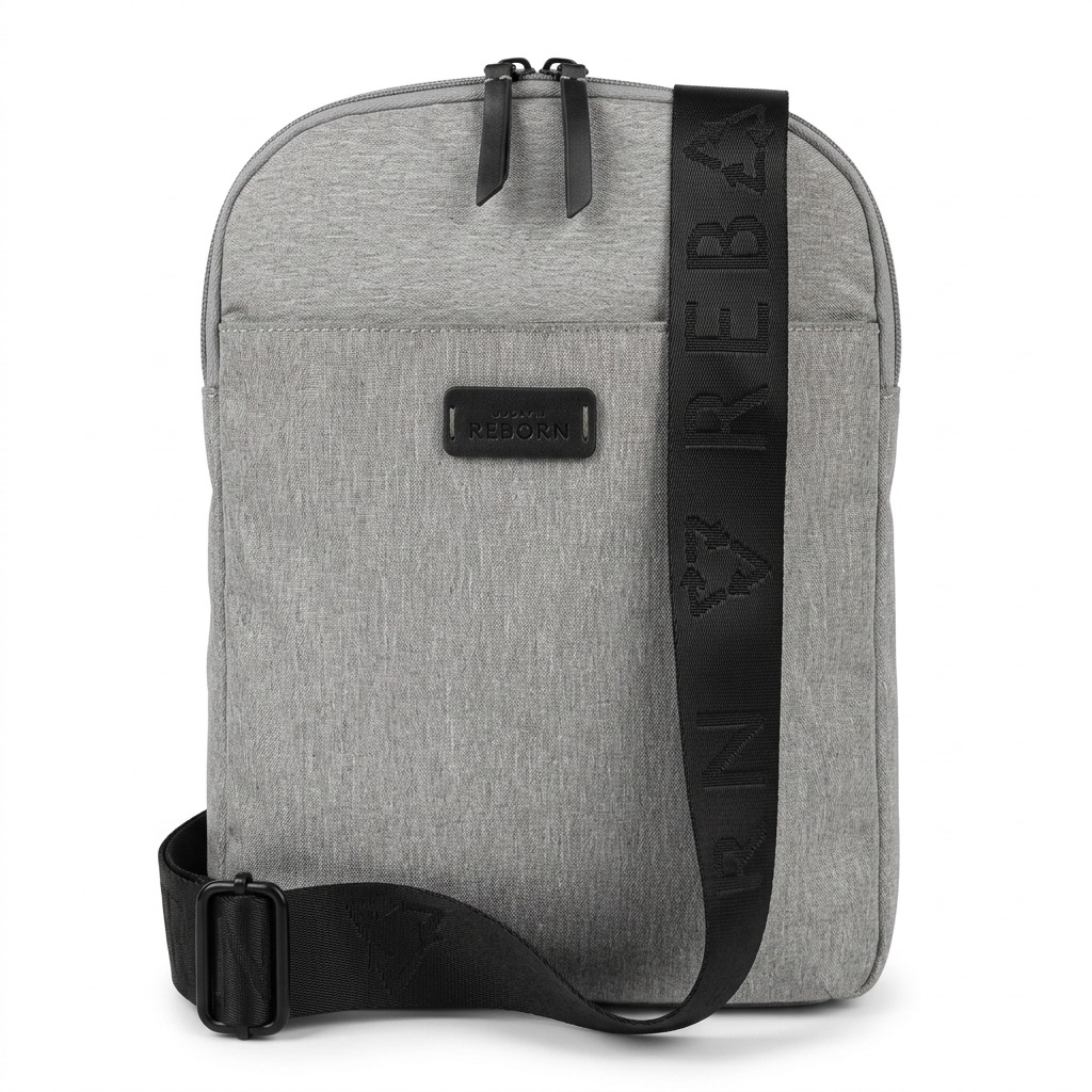 Bugatti Reborn Slim Crossbody bag in heather grey recycled fabric with black REBORN strap.