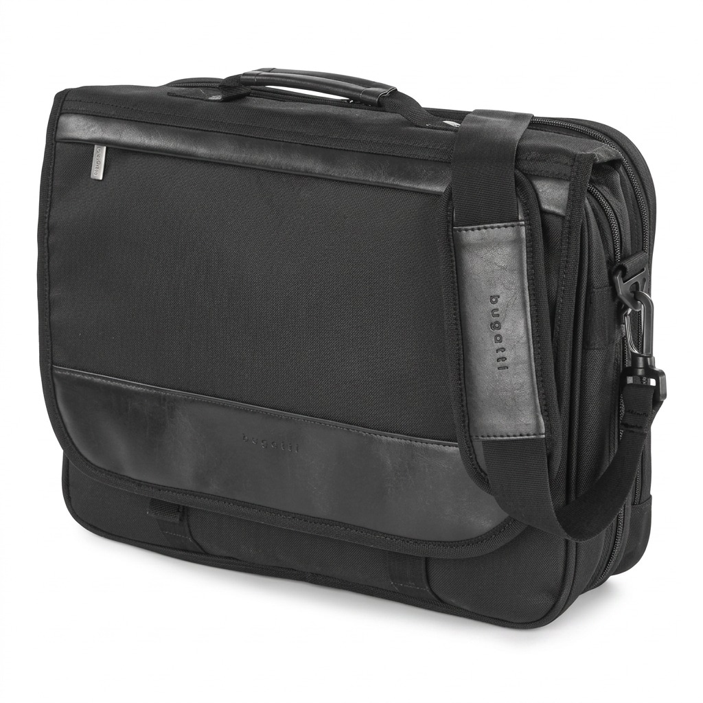 Bugatti Gregory black professional briefcase with vegan leather trim, top handle, and shoulder strap.