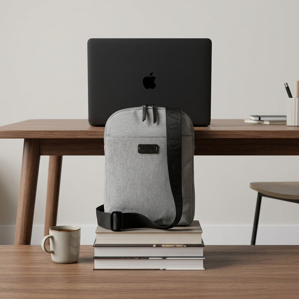 Bugatti Reborn Slim Crossbody bag in heather grey recycled fabric with black REBORN strap.