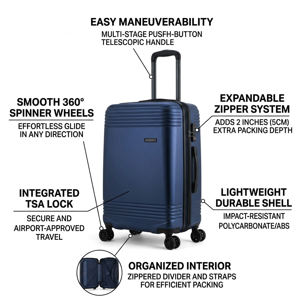Gros plan sur un détail de Bugatti Nashville – Valise rigide moyenne 24 po, bleu marine – photo 3