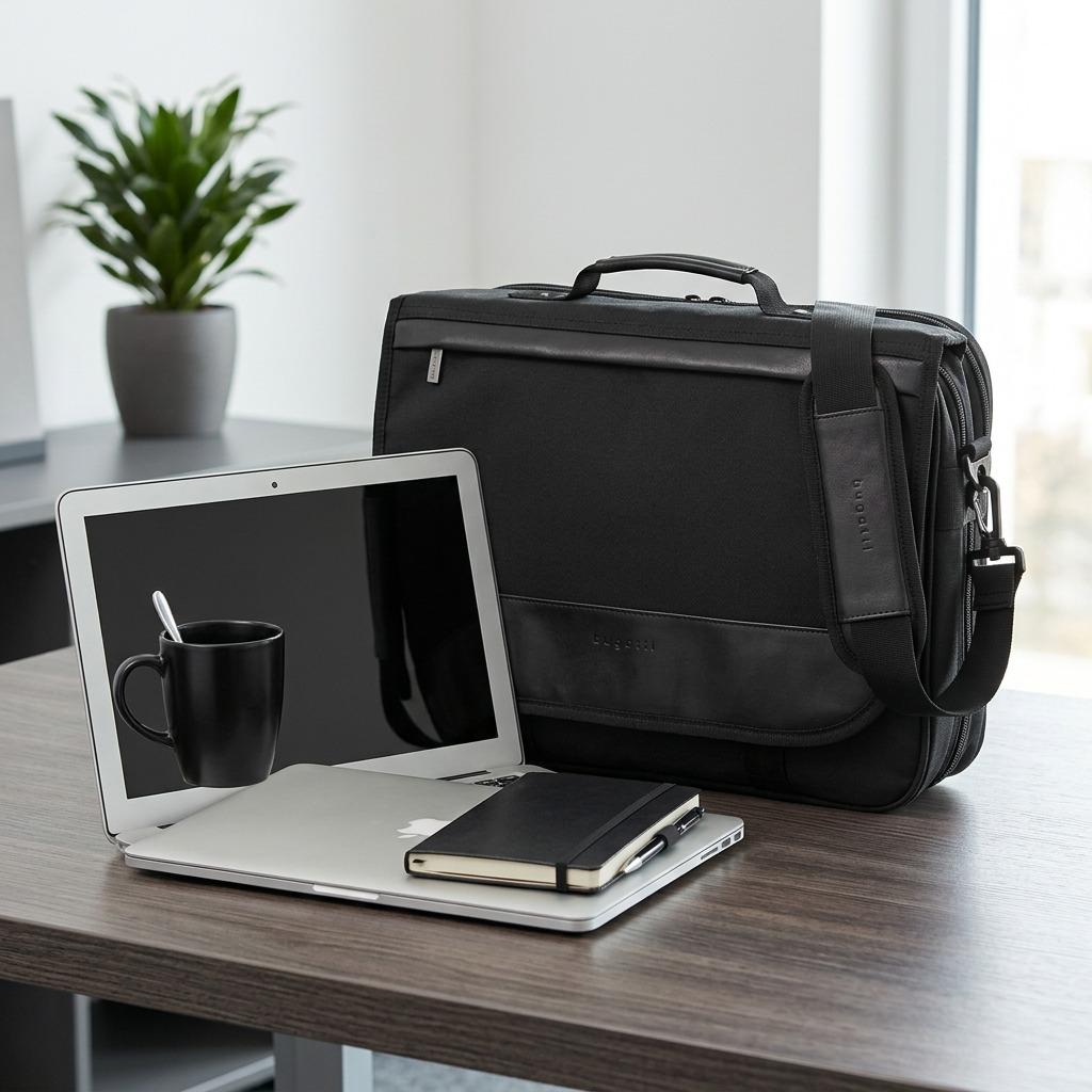 Bugatti Gregory black professional briefcase with vegan leather trim, top handle, and shoulder strap.