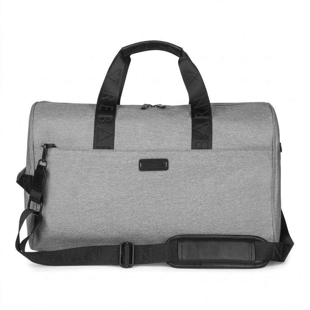 Bugatti Reborn grey 2-in-1 convertible duffle bag with black straps and shoulder pad.