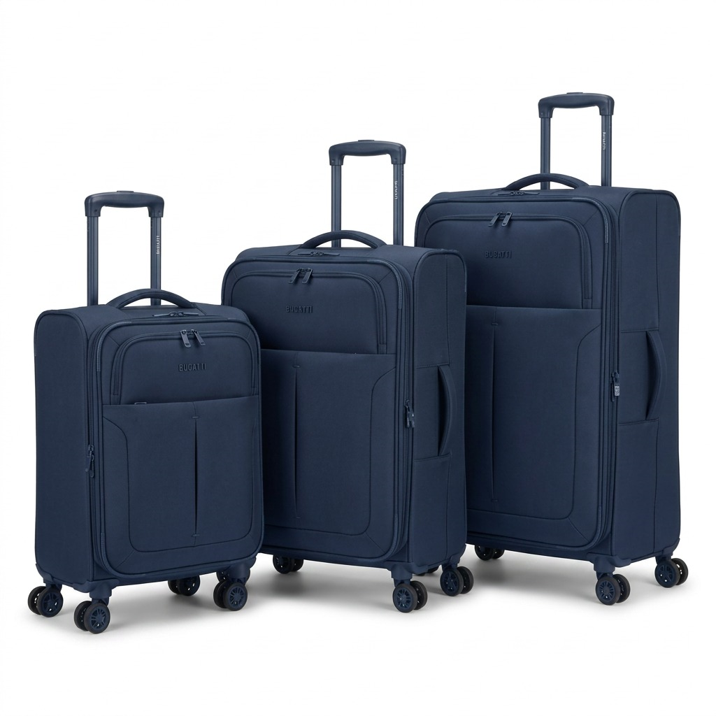 Bugatti Reborn 3-piece navy softside luggage set with telescopic handles and spinner wheels.