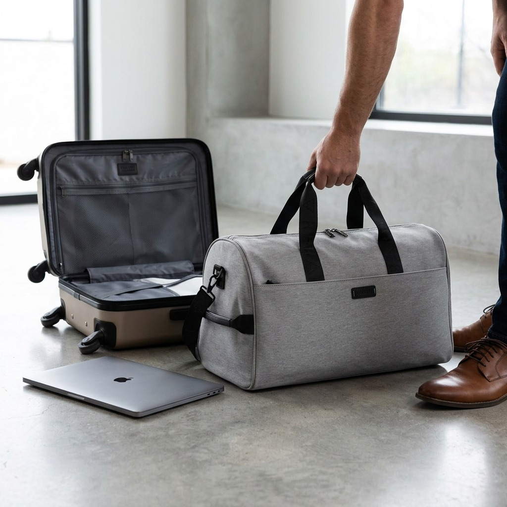 Bugatti Reborn grey 2-in-1 convertible duffle bag with black straps and shoulder pad.