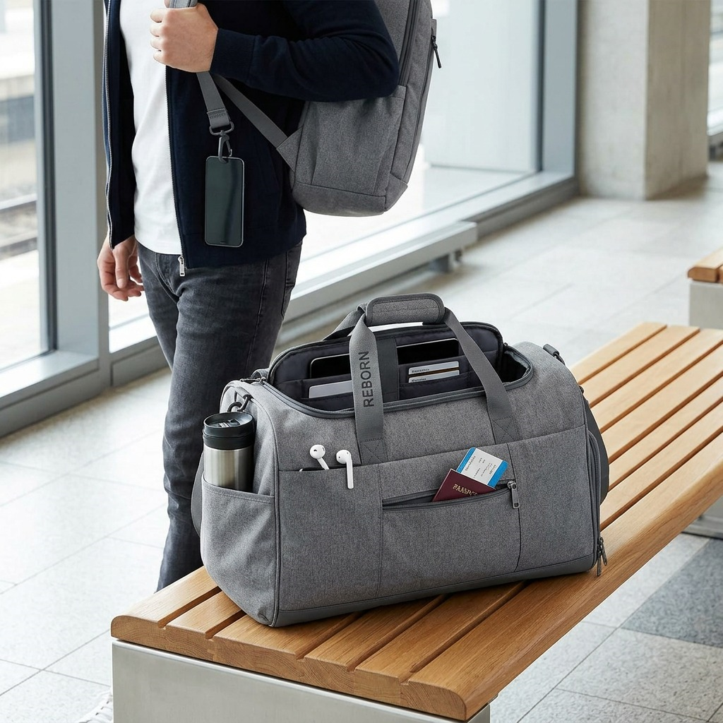 Mise en situation de Bugatti Reborn – Sac de voyage convertible 2-en-1 en polyester recyclé, gris – photo 5