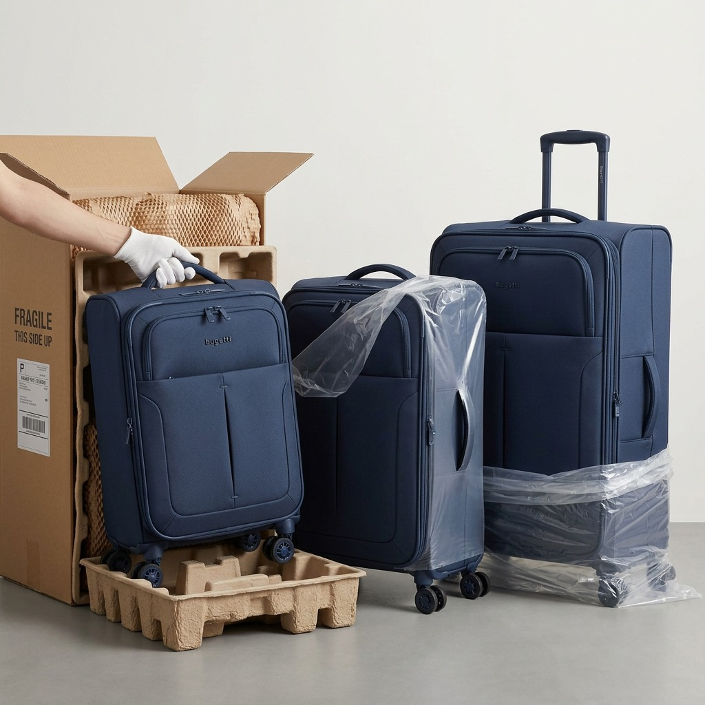 Bugatti Reborn 3-piece navy softside luggage set with telescopic handles and spinner wheels.