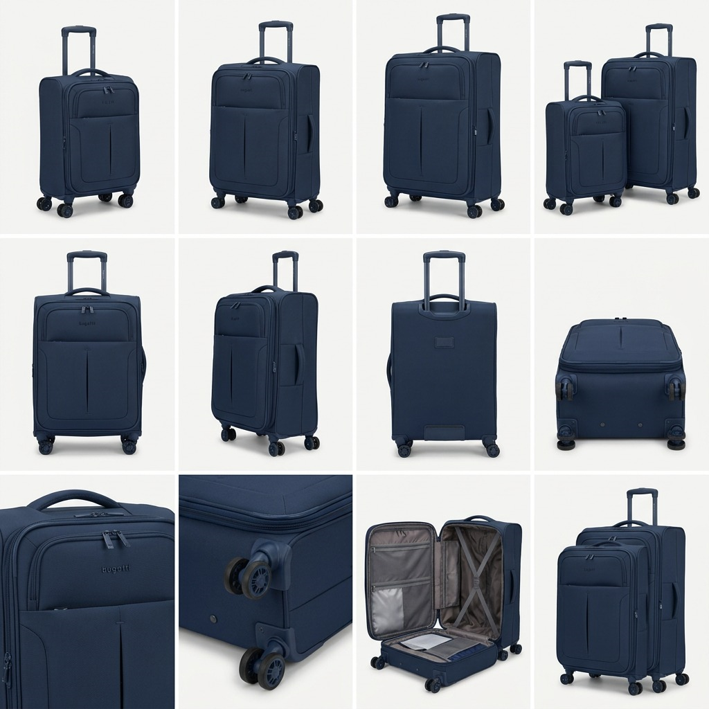 Visuel illustrant les caractéristiques de Bugatti Reborn – Ensemble de 3 valises souples en polyester recyclé, bleu marine – photo 7