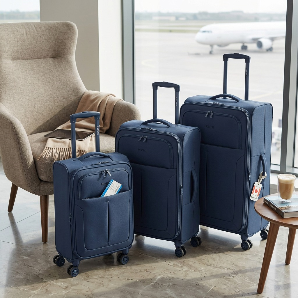 Mise en situation de Bugatti Reborn – Ensemble de 3 valises souples en polyester recyclé, bleu marine – photo 6