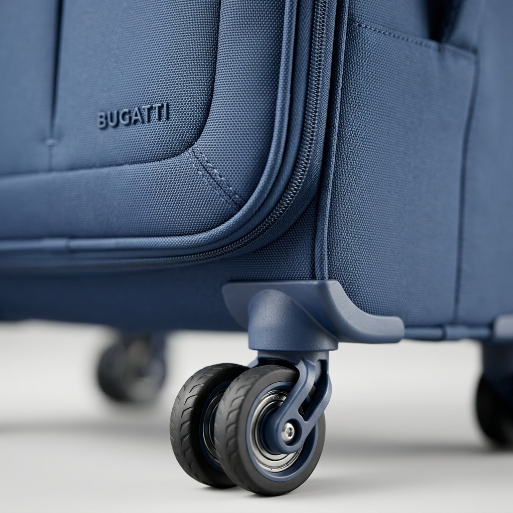 Gros plan sur un détail de Bugatti Reborn – Ensemble de 3 valises souples en polyester recyclé, bleu marine – photo 5