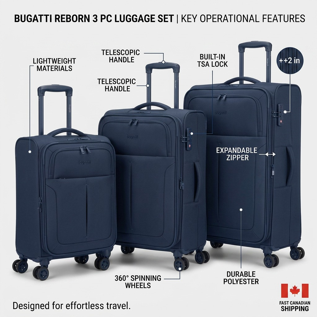 Gros plan sur un détail de Bugatti Reborn – Ensemble de 3 valises souples en polyester recyclé, bleu marine – photo 8