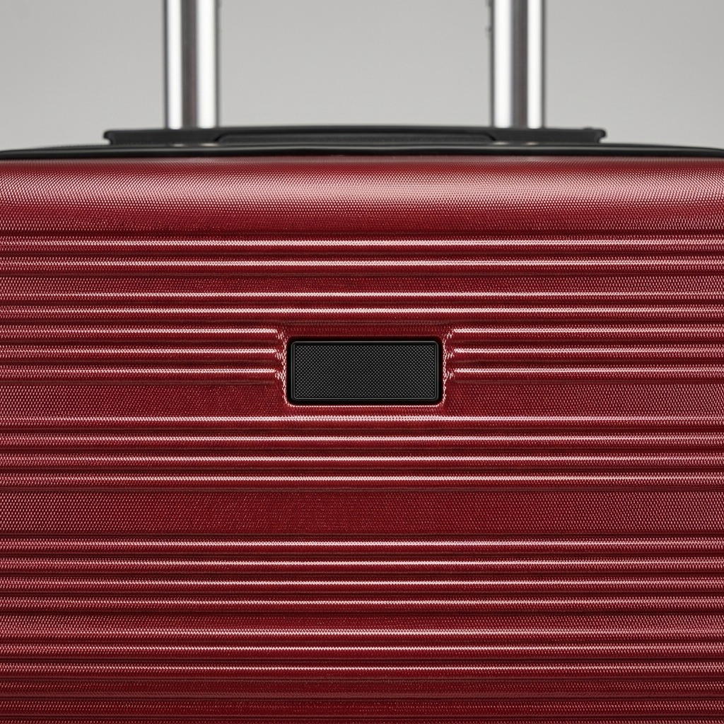 Macro detail of the deep red Bugatti Brussels hardside luggage showing ribbed texture and handles.