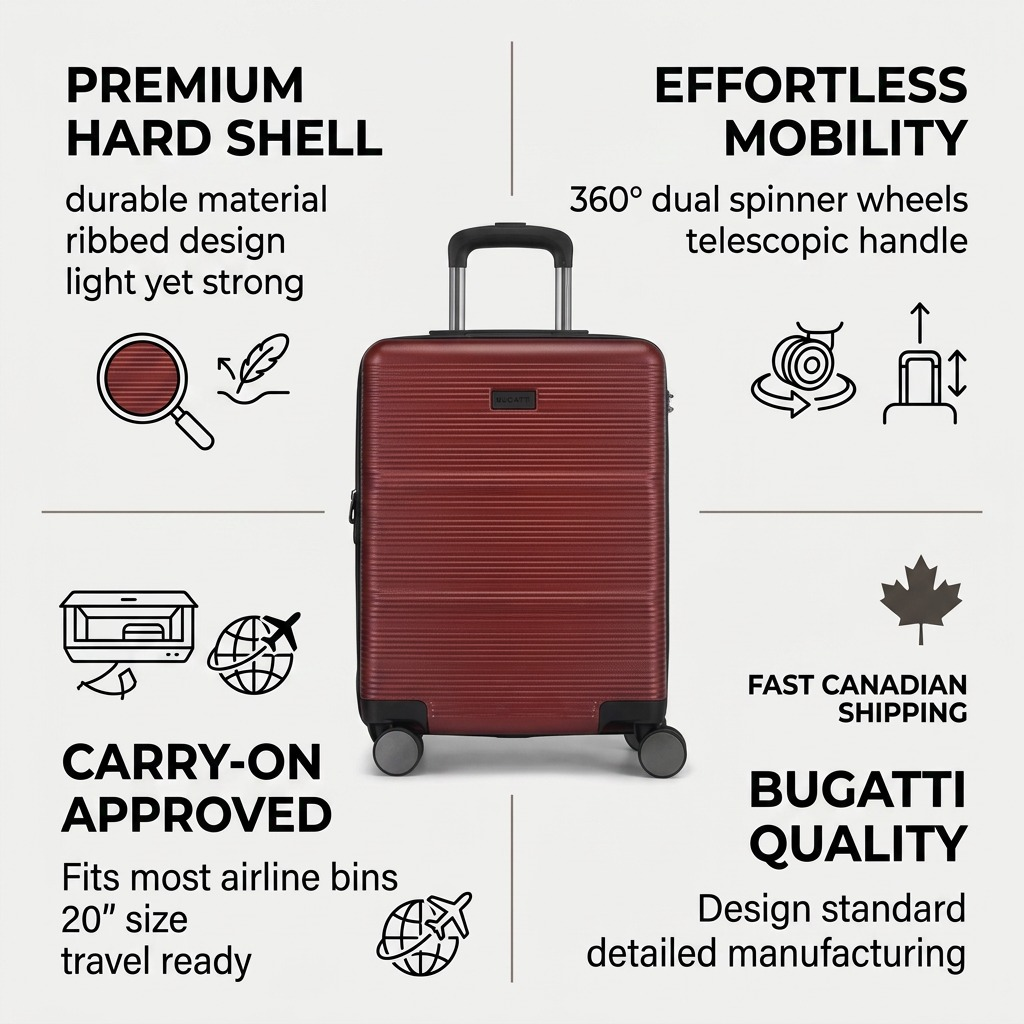 Bugatti Brussels hardside carry-on infographic highlighting spinner wheels and premium shell.