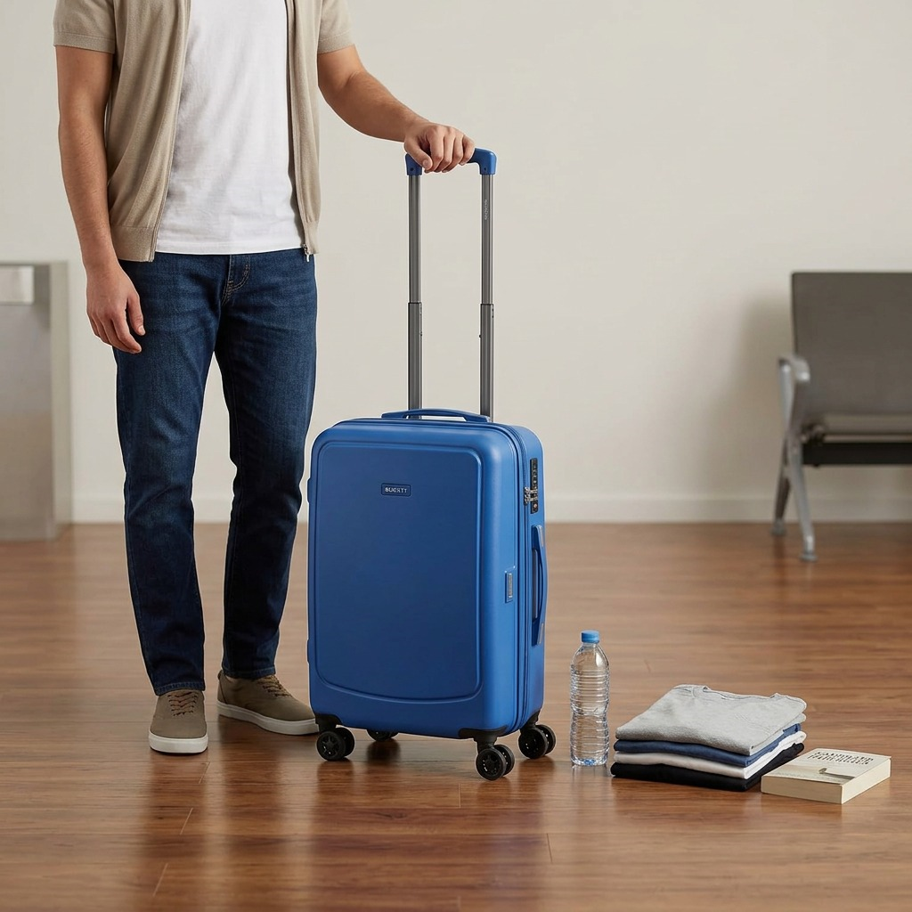 Bugatti Birmingham Blue Hardside Carry-On Luggage with telescopic handle and spinner wheels.