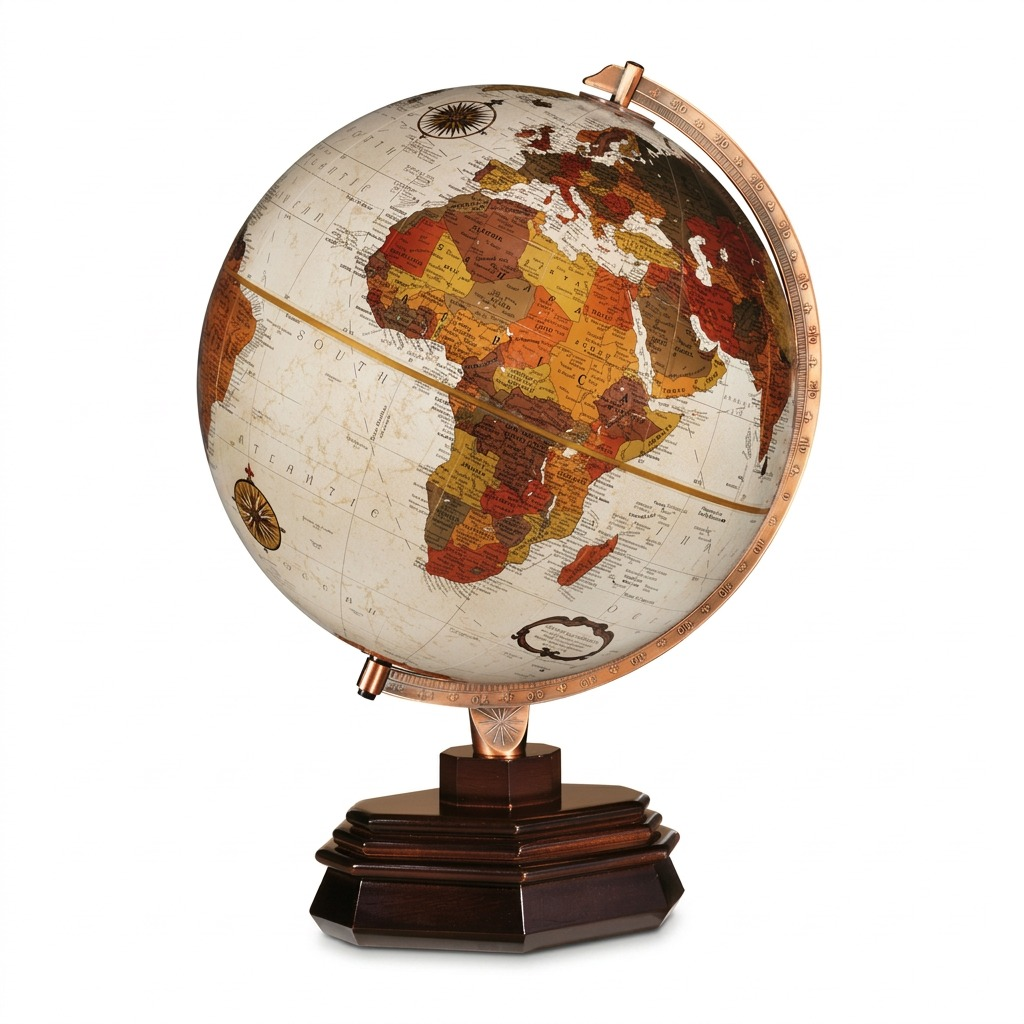 A premium, high-resolution product photography hero shot of the Replogle Globes USONIAN, featuring its antique bronze metallic full meridian, dark stacked wood base, and warm-toned map with accurate geography, precisely centered in a pure white vacuum. All details and proportions are identical to the reference.