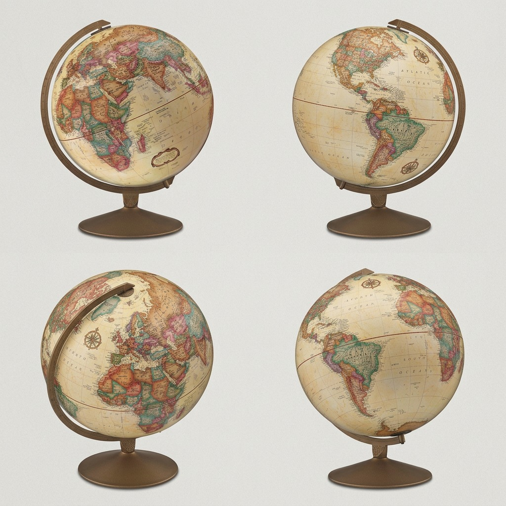 A 2x2 grid matrix showcasing the 12" Franklin Antique Ocean Desk Globe from identical front, right, rear-quarter, and left views.