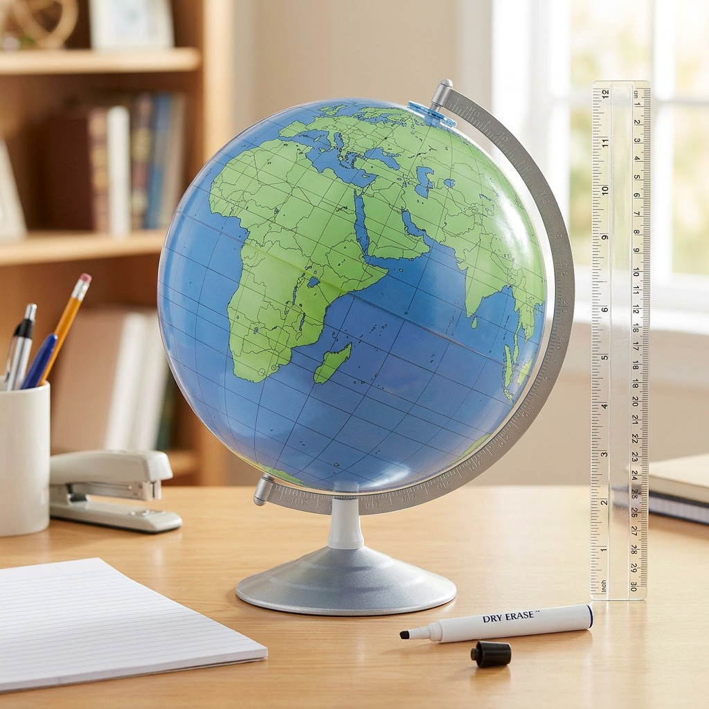 Hero shot of the Replogle Geographer dry-erase globe without the marker, showing its blue and green map and silver-grey stand on a pure white background.