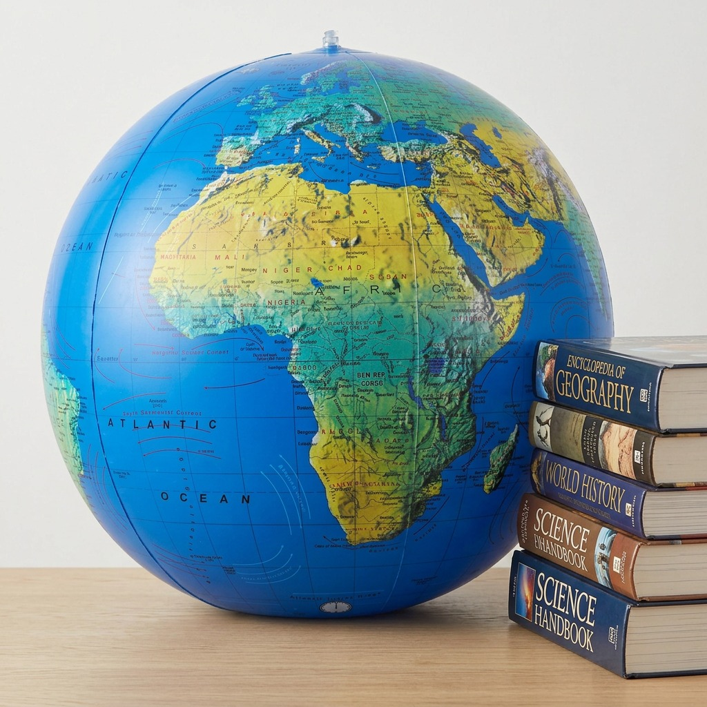 A perfectly rendered, high-resolution hero shot of the fully inflated Replogle 16-inch Blue Ocean Inflatable Globe, centered against a pure white background. The globe accurately displays the detailed physical map, vibrant country borders, and clear English place names as seen on the reference product, with realistic material reflections and clean edges.