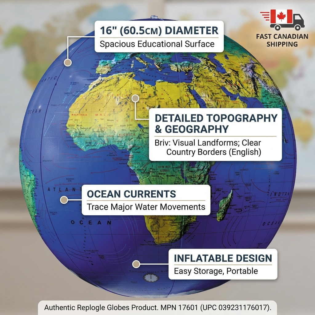 Replogle – Globe gonflable topo 16 po bleu EN #17601 — Infographie présentant les caractéristiques