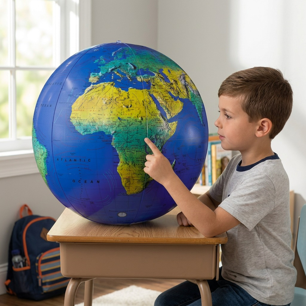 Replogle – Globe gonflable topo 16 po bleu EN #17601 — Présentation dans un décor de bureau ou de maison