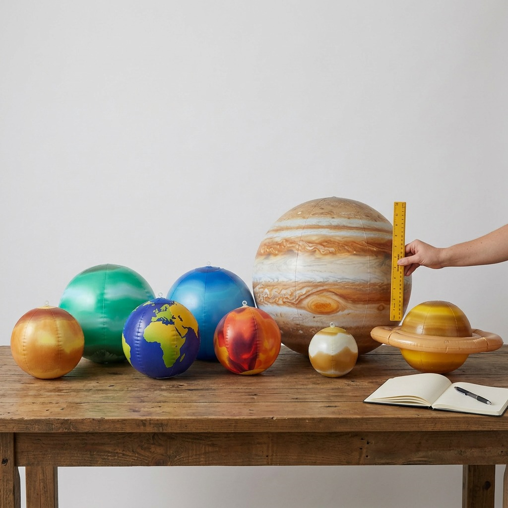 Pure studio product shot of the Replogle Globes Inflatable Solar System set from image_0.png against a pure white background. The set includes all 9 canonical inflatables (8 planets and 1 Sun) arranged centered and floating, with sharp details, realistic vinyl textures, accurate proportions, and visible valve stems. Precise shadows grounding the floating elements, matching the product details of MPN 17801, UPC 039231178011.