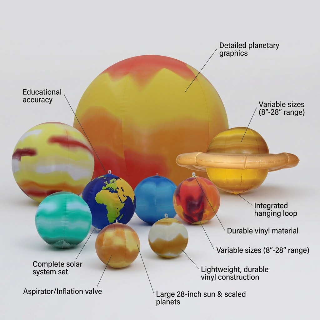 Infographic showcasing features of the Replogle Inflatable Solar System on a clean background.