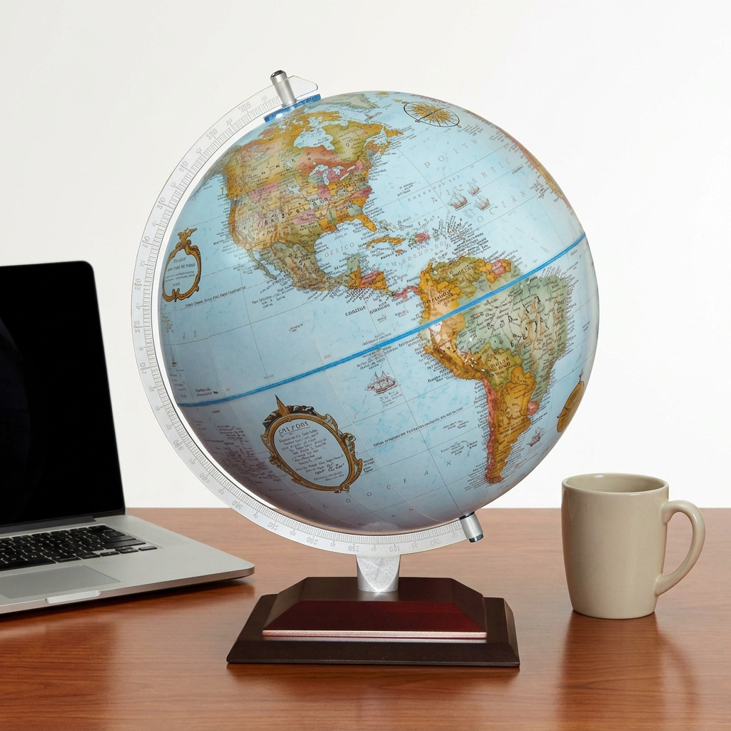 Replogle 12"/30cm Diameter Blue Ocean Desk Globe (30637) with wood stand and clear meridian.