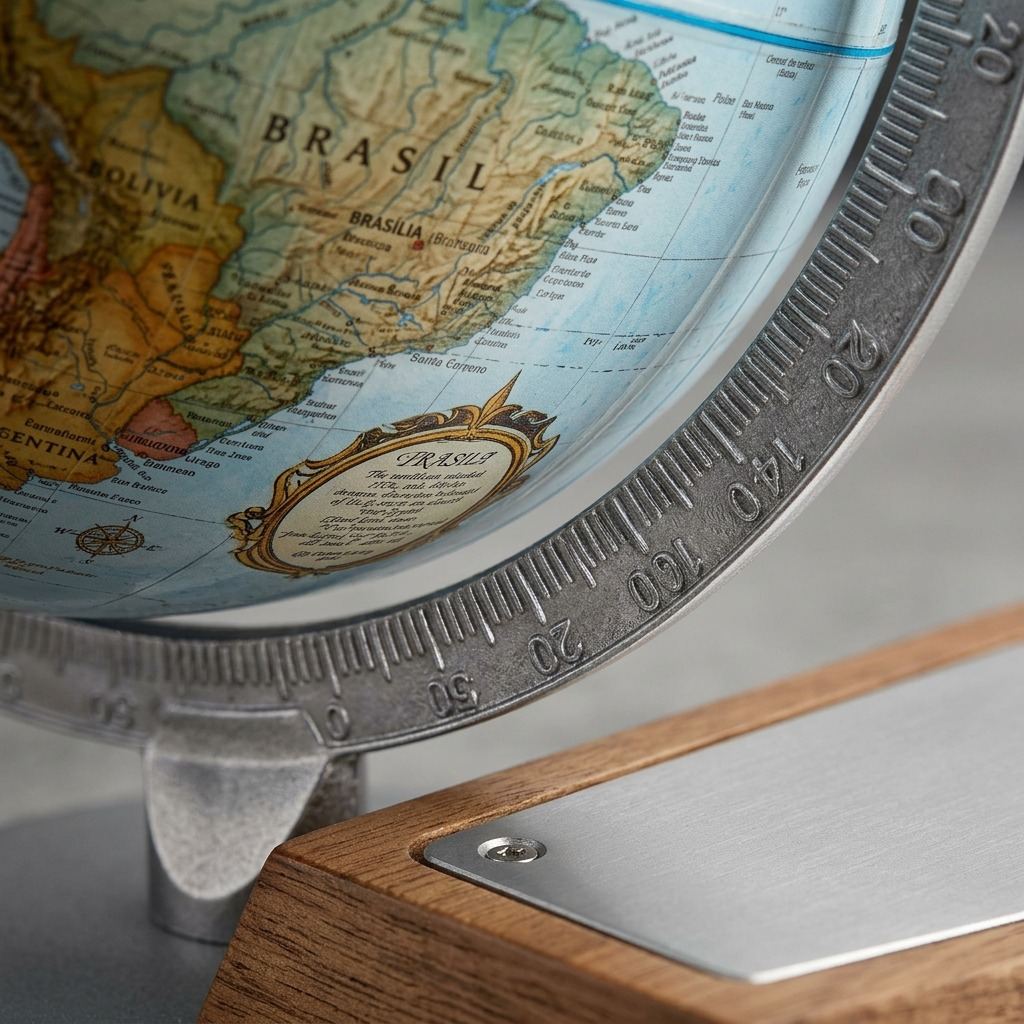 Extreme close-up of the desk globe, highlighting the precise map printing, the textures of the die-cast meridian, and the grain of the wood base.
